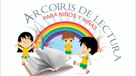 Tres niños leyendo un libro y detrás de ellos un arco iris junto al banner: Arco iris de lectura