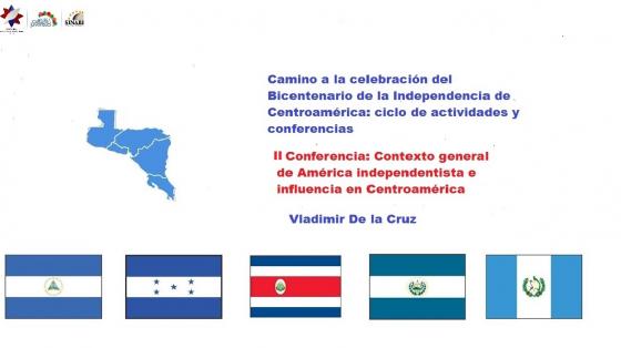 En la parte inferior se presentan las banderas de las cinco repúblicas de Centroamérica; en la parte superior izquierda el mapa de Centroamérica y a la derecha el banner: Camino a la celebración del Bicentenario de la Independencia de Centroamérica