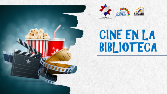 A la derecha de la imagen el banner: "cine en la biblioteca", a la izquierda una caja con palomitas y un cartel de cine