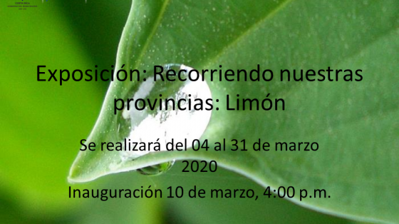 Hola verde con una gota de agua a punto de caer y el banner: Exposición "Recorriendo nuestras provincias: Limón"