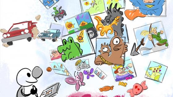 Dibujos para niños agrupados: monstruos, animales, carros y un niño que los va a dibujar
