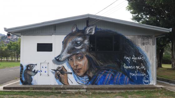 Ilustración de uno de los murales del Parque, se trata de una joven disfrazada de armadillo con un lápiz en la mano, mientras un armadillo la acompaña.