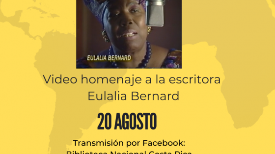 Fotogrfía de la escritora Eulalia Bernard sobre un fondo amarillo e información sobre el evento
