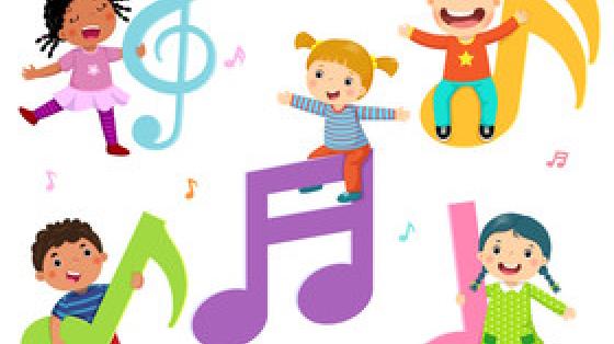niñas y niños con signos musicales en colores vivos