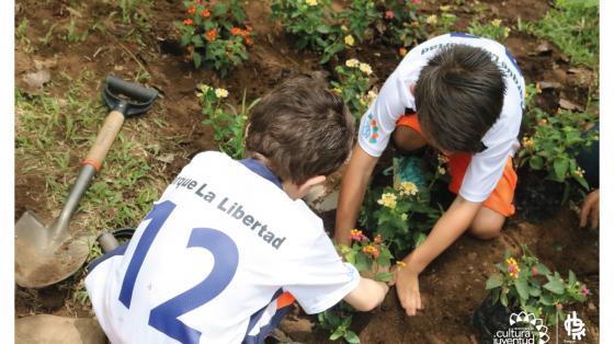 Dos niños sembrando una planta