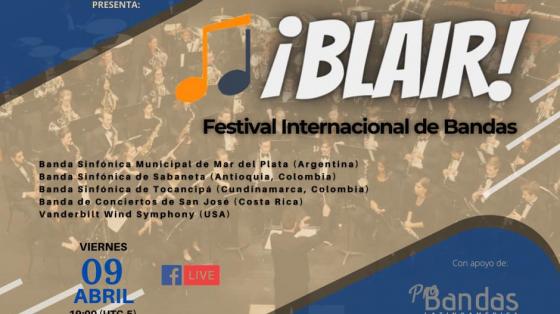 Concierto de la Banda de Conciertos de San José en el Festival Blair de Bandas fondo gris y azul con letras BLAIR