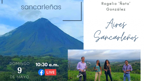 Paisaje de volcán arenal con músicos en una pradera