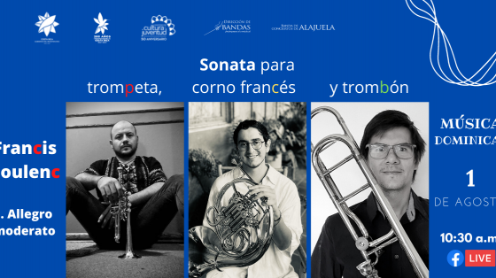 Tres músicos de la Banda de Conciertos de Alajuela con sus instrumentos en mano