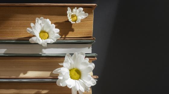 Libros con flores entre sus páginas.