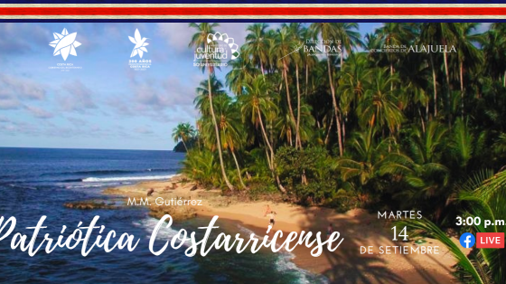 Paisaje de playa costarricense con cintillo de bandera