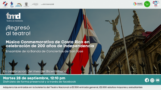 Foto de Bandera de Costa Rica con Teatro Nacional de fondo