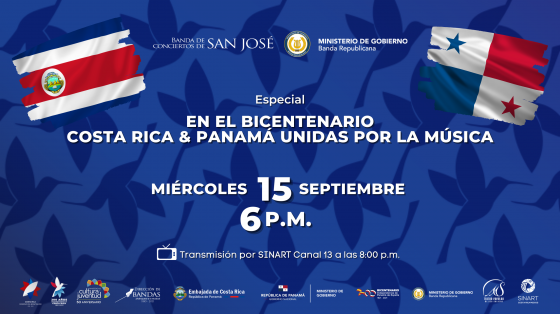 Concierto: "En el Bicentenario Costa Rica y Panamá Unidas por la Música" - Banda de Conciertos de San José y Banda Republicana de Panamá banderas de Costa Rica y Panamá con fondo azul