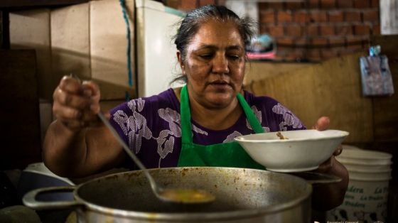 mujer en cocina sirviendo un plato de deliciosa sopa