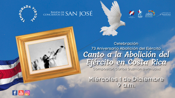 cuadro con fotografía de Pepe Figueres con un fondo celeste y una paloma de la paz volando