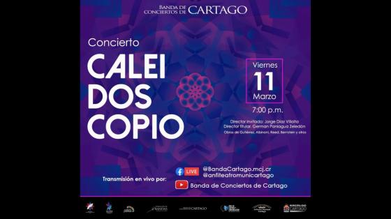 Concierto: "Caleidoscopio" - Banda de Conciertos de Cartago tipografía de CALEIDOSCOPIO en fondo morado