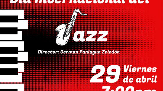 Concierto Especial "Día Internacional del Jazz" - Banda de Conciertos de Cartago Imagen de teclado y saxofón sobre fondo color rojo