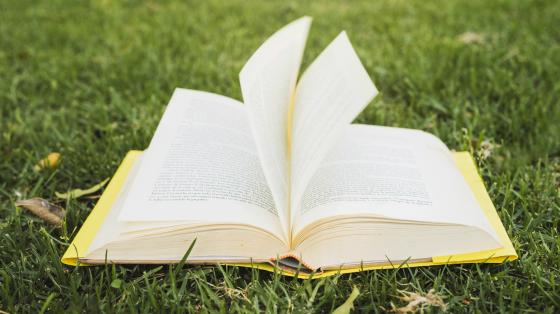 Fotografía de libro abierto en zona verde.