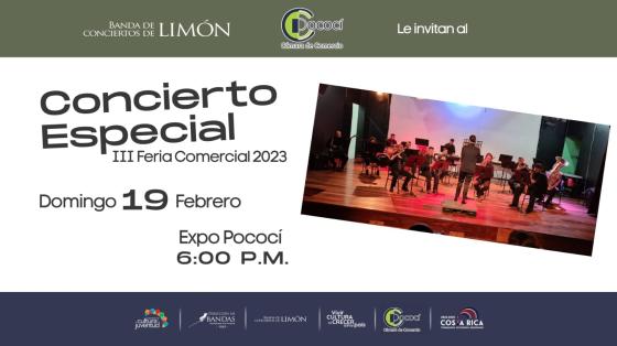 foto del ensamble de la Banda de Limón en concierto con un fondo blanco anunciando el concierto especial