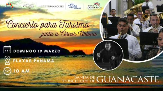 Concierto para Turismo - Banda de Conciertos de Guanacaste Foto de playa en el atardecer con imagen de la Banda y su director