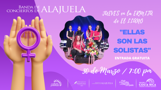 Manos de mujeres sosteniendo signo de mujer con foto de las músicas de la Banda con fondo lila y rosa