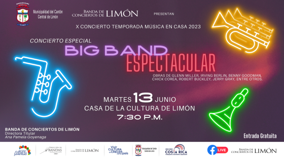 X Concierto “Big Band Espectacular” | Banda de Conciertos de Limón instrumentos de banda en colores fluorescentes con fondo morado