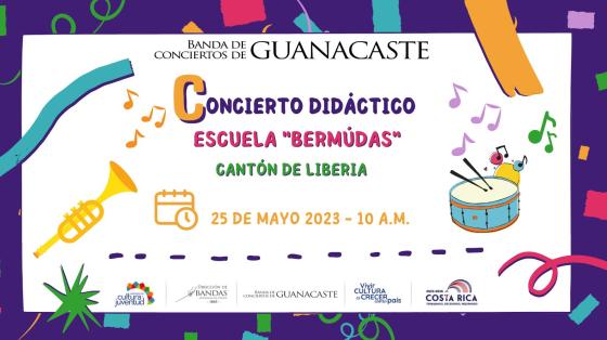 Concierto Didáctico "Escuela Bermudas" | Banda de Conciertos de Guanacaste fondo blanco con dibujos de instrumentos de colores