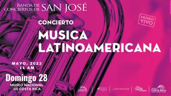 Concierto "Música en el Museo" | Banda de Conciertos de San José detalle de eufonio en colores fucsia con letras blancas anunciando el concierto