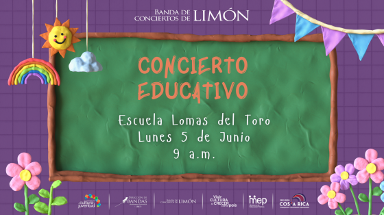 VIII Concierto Educativo | Banda de Conciertos de Limón Pizarra verde con letras infantiles anunciando el concierto