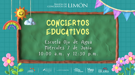 XI & XII Concierto Educativo | Banda de Conciertos de Limón Pizarra verde con letras infantiles anunciando el concierto