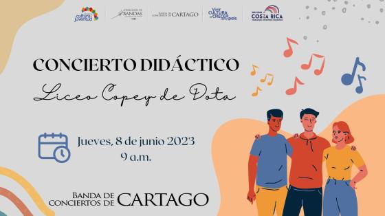 Concierto Didáctico "Liceo Copey de Dota" | Banda de Conciertos de Cartago dibujo de tres jóvenes adolescentes con fondo de colores y notas musicales