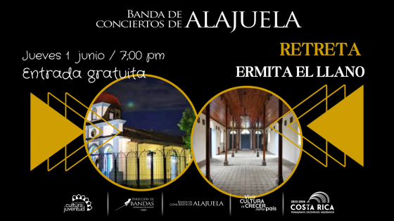 Concierto "La Retreta del Llano" | Banda de Conciertos de Alajuela Imágenes de la Ermita del Llano con fondo negro y figuras geométricas