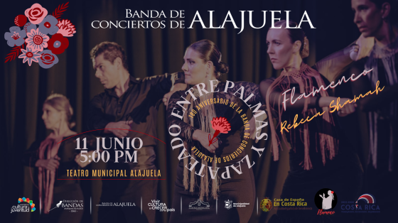 Concierto Especial de 180 Aniversario “Entre palmas y zapateados” | Banda de Conciertos de Alajuela Foto de Bailadores de Flamenco en un teatro con fondos cafés