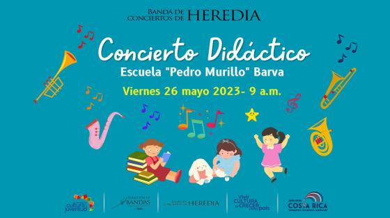 Concierto Didáctico "Escuela Pedro Murillo" | Banda de Conciertos de Heredia fondo azul con niñxs jugando y cantando con instrumentos de colores a su alrededor