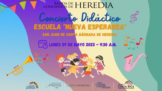 Concierto Didáctico "Escuela Nueva Esperanza" | Banda de Conciertos de Heredia Lineas de colores de fondo con niñas y niños jugando a la ronda con instrumentos musicales a su alrededor