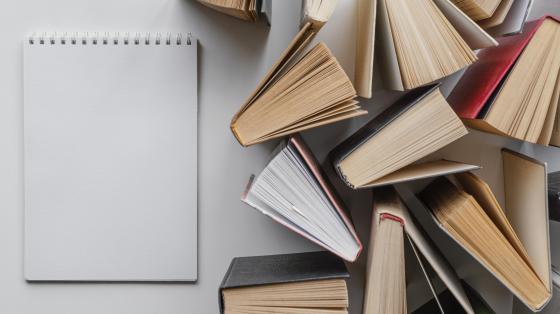 Ciclo dedicado al poeta Laureano Albán Fondo blanco. Desde vista superior a la izquierda un bloc de notas, y a la derecha diversos libros.