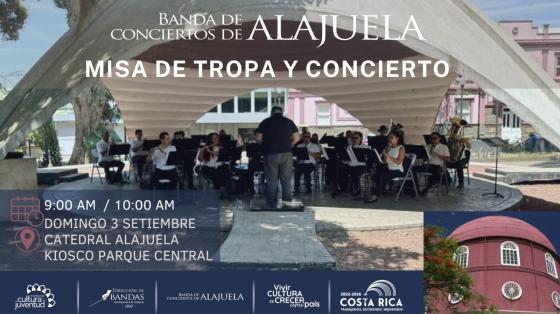 Misa de Tropa y Concierto | Banda de Conciertos de Alajuela Foto de la Banda de Alajuela tocando en el quiosco del parque central