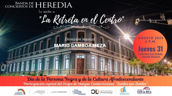 Concierto "La Retreta en el Centro" | Banda de Conciertos de Heredia foto del Centro Cultural Omar Dengo de noche con letras blancas