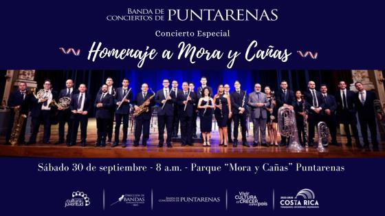 Acto Cívico Oficial “Homenaje a Mora y Cañas” | Banda de Conciertos de Puntarenas Foto de la Banda de Puntarenas entre franjas azul oscuro