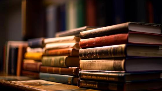 Exposición bibliográfica “Cien años de la Academia Costarricense de la Lengua” Fondo difuminado. Sobre una mesa torres de libros antiguos.