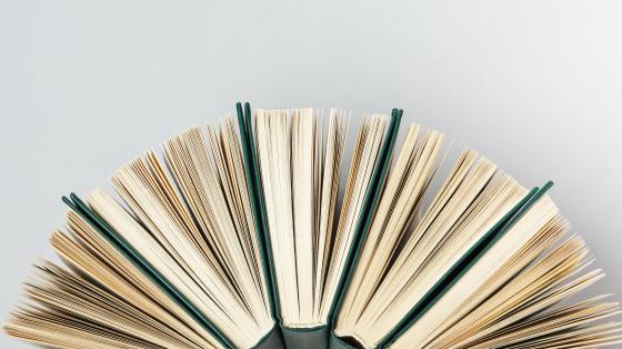 Exposición "Sesquicentenario de la segunda oleada migratoria de chinos a Costa Rica: De chinos culíes a chinos de ultramar, entre el transnacionalismo y los localismos" Fondo blanco. Composición de libros en media luna.