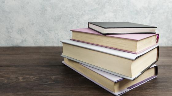 Exposición “Un siglo de luchas: centenario de la Liga Feminista" Fondo gris. Sobre una mesa una pila de libros de colores de diferentes tamaños.