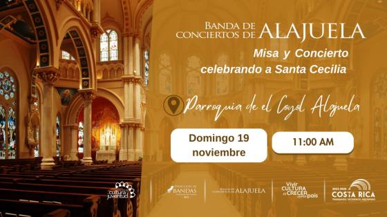 Misa y Concierto | Banda de Conciertos de Alajuela Foto de una iglesia con luces ámbar y fondo amarillo con letras blancas