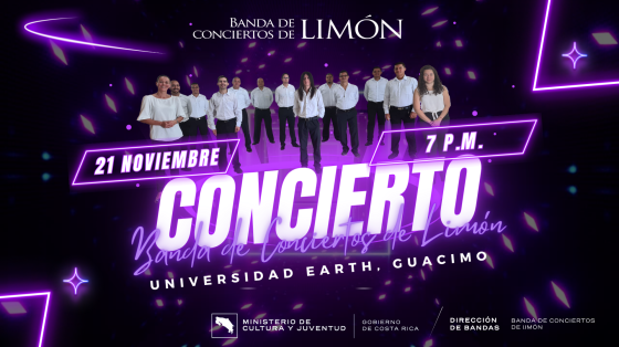 Concierto Especial dedicado a Santa Cecilia | Banda de Conciertos de Limón Foto del ensamble de Limón en fondo oscuro con efectos lila en neón