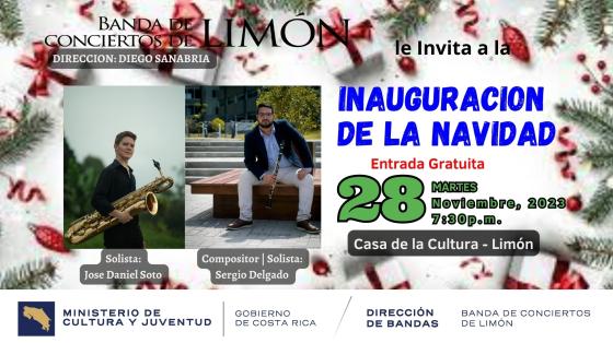 Concierto "Inauguración de la Navidad" | Banda de Conciertos de Limón Adornos navideños de fondo con fotos de músicos invitados