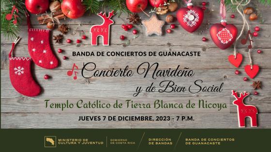 Botitas navideñas y adornos rodeando el título del concierto