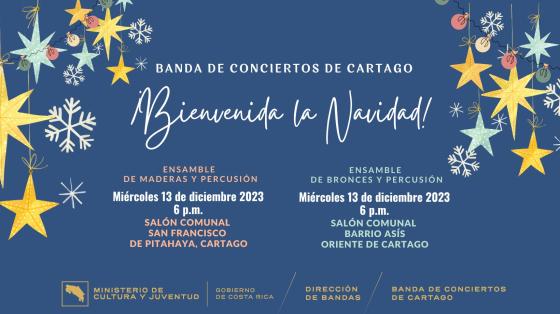 Fondo azul con estrella navideñas adornando el título del concierto navideño