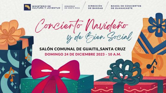 Dibujos de regalos con moños de muchos colores con fondo blanco anunciando el concierto en Guaitíl