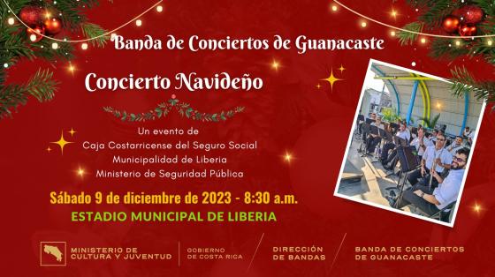 Foto de la Banda de Conciertos de Guanacaste con un fondo rojo y adornos navideños