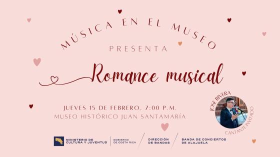 Romance musical escrito en rojo con corazones alrededor y fondo rosa, acompaña una foto del cantante invitado