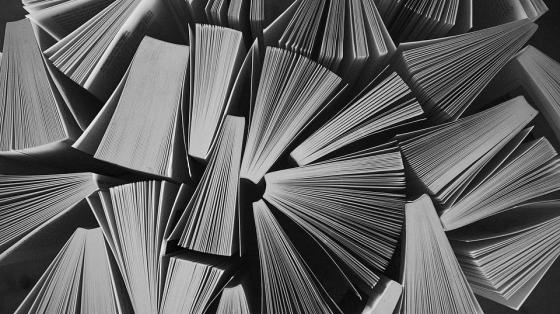 En tonos grises varios libros juntos entreabiertos vistos desde arriba